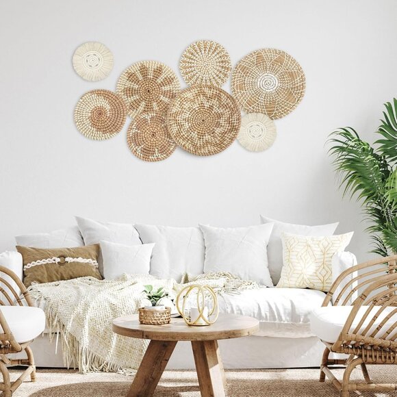 Set of 8 Hanging Woven Wall Basket Handmade Decorative Rustic Boho Basket Decor - Picture 2 of 6